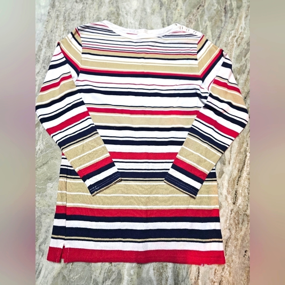 Bobbie Brooks Striped 3/4 Sleeve Top Size Small – Red Tan Navy